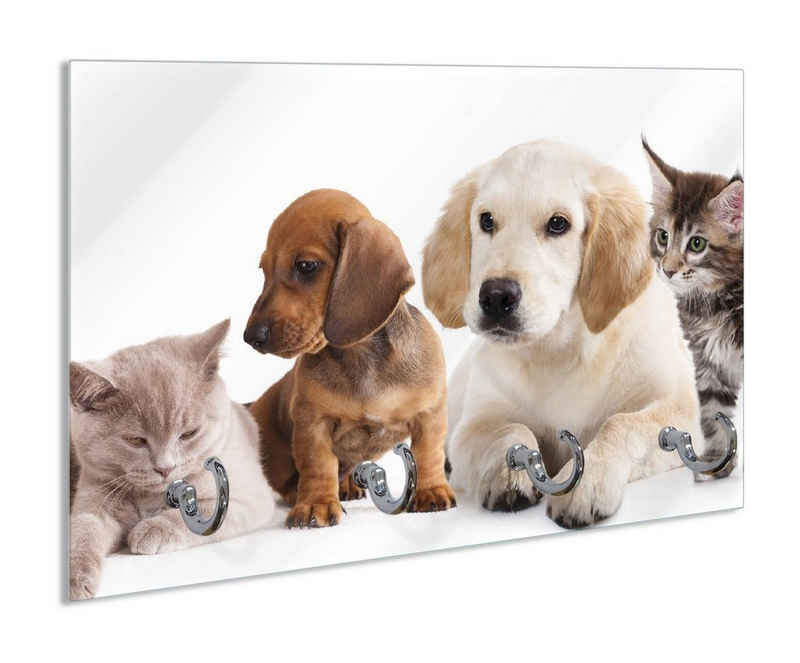 Wallario Schlüsselbrett Hundewelpen und Katzenjunge, (inkl. Aufhängeset), 30x20cm, aus ESG-Sicherheitsglas