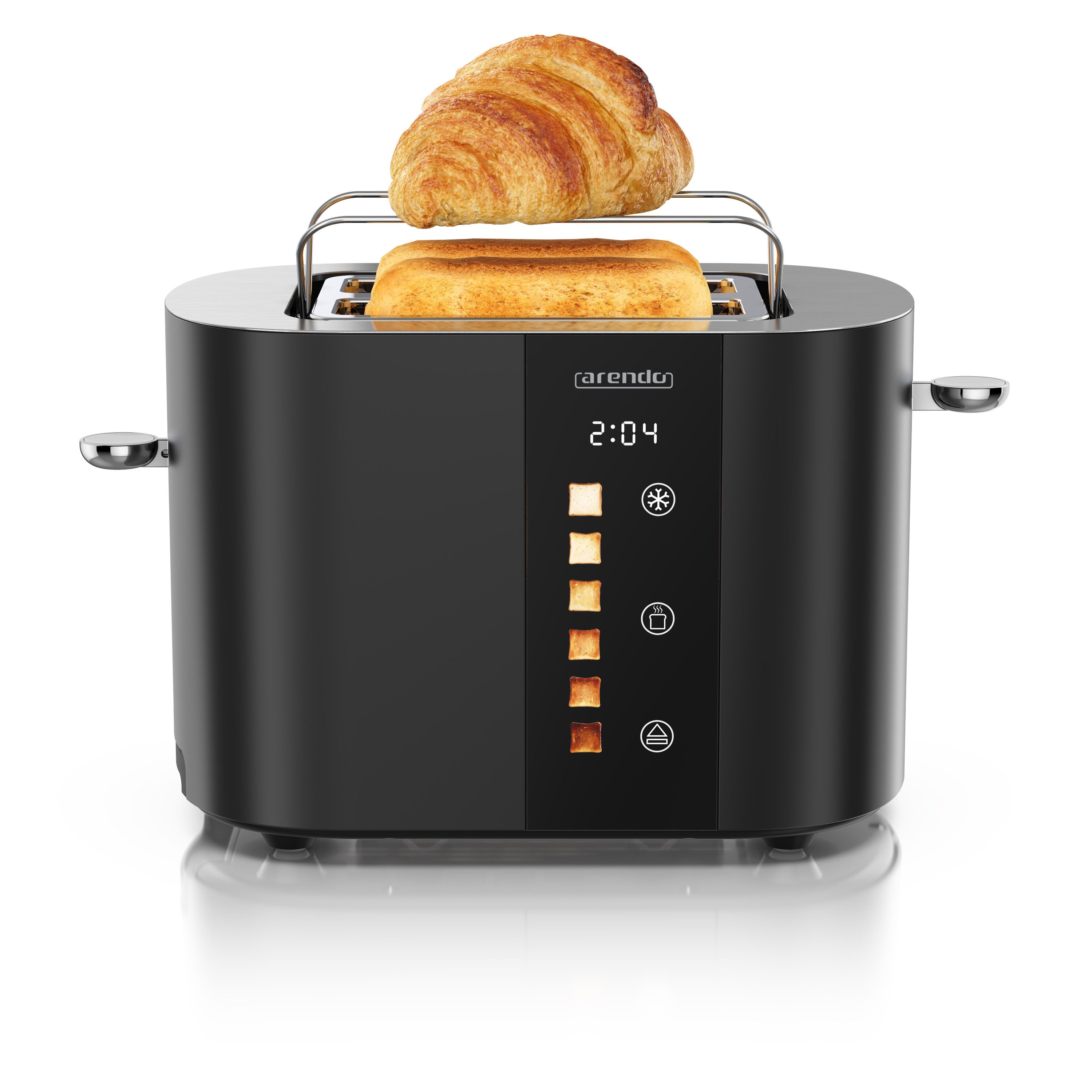 Arendo Toaster Edelstahl, Kurzschlitz, Touch Display, Restzeit & Bräunungsgradanzeige, 2 Schlitze, für 2 Scheiben, 800 W, Brötchenaufsatz, Wärmeisoliert, Toast-Symbole für Bräunungsgradauswahl
