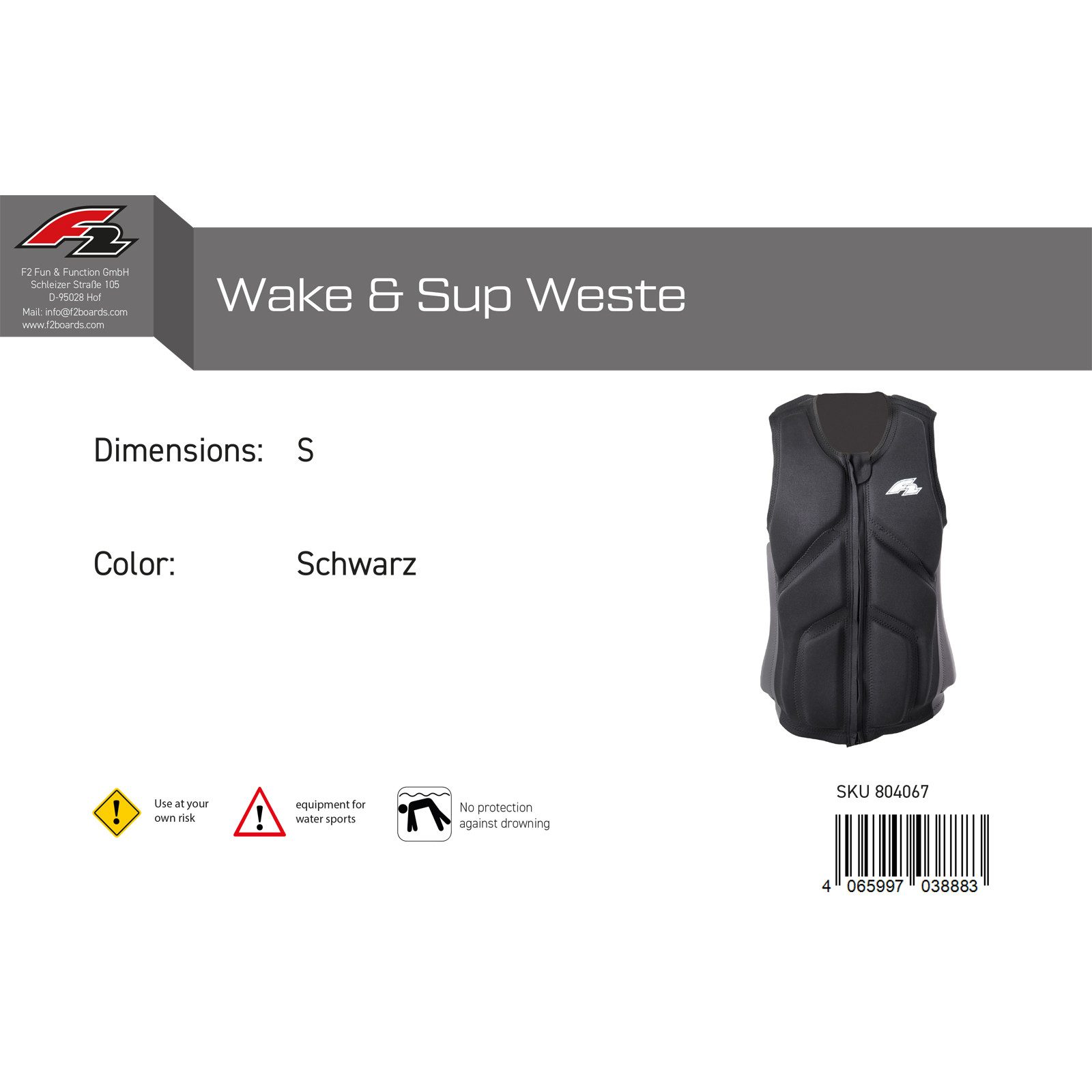 F2 Prallschutzweste F2 Herren Prallschutz Weste Wake & Sup Weste S Schwarz 2024/25 – Bild 2 von 3
