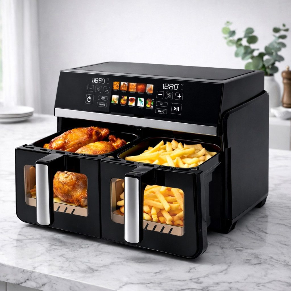 ZMH Heißluftfritteuse 2 Kammern, 10L Airfryer Doppelkammer Einkammer Verstellbar, 2200 W, 10 in 1 Doppelkammer Temperatur Separat Regeln Touchscreen