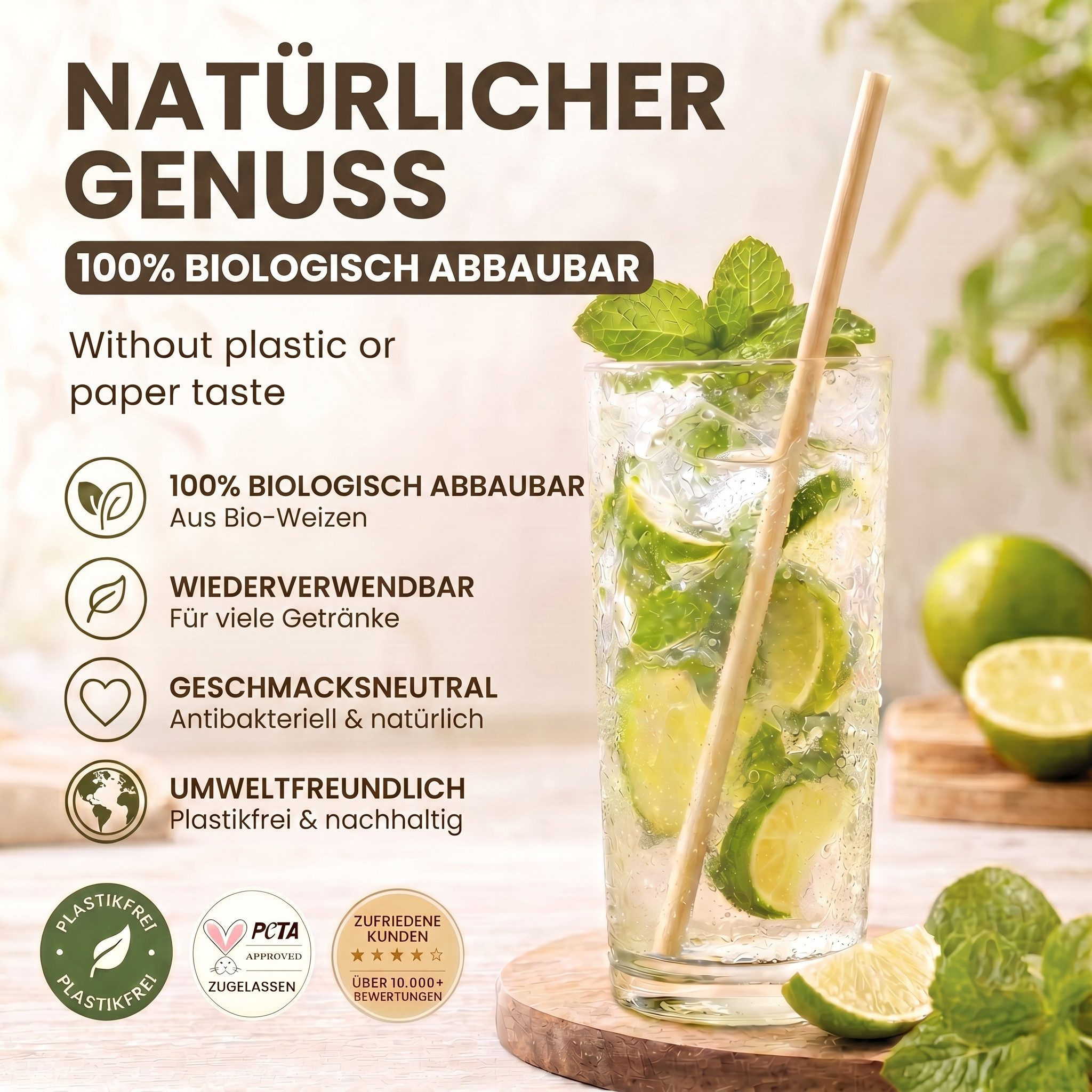 Goods+Gadgets Gläser-Set 100× Getränke-Röhrchen aus Weizen – Kompostierbar, Strohhalme, Strohhalme