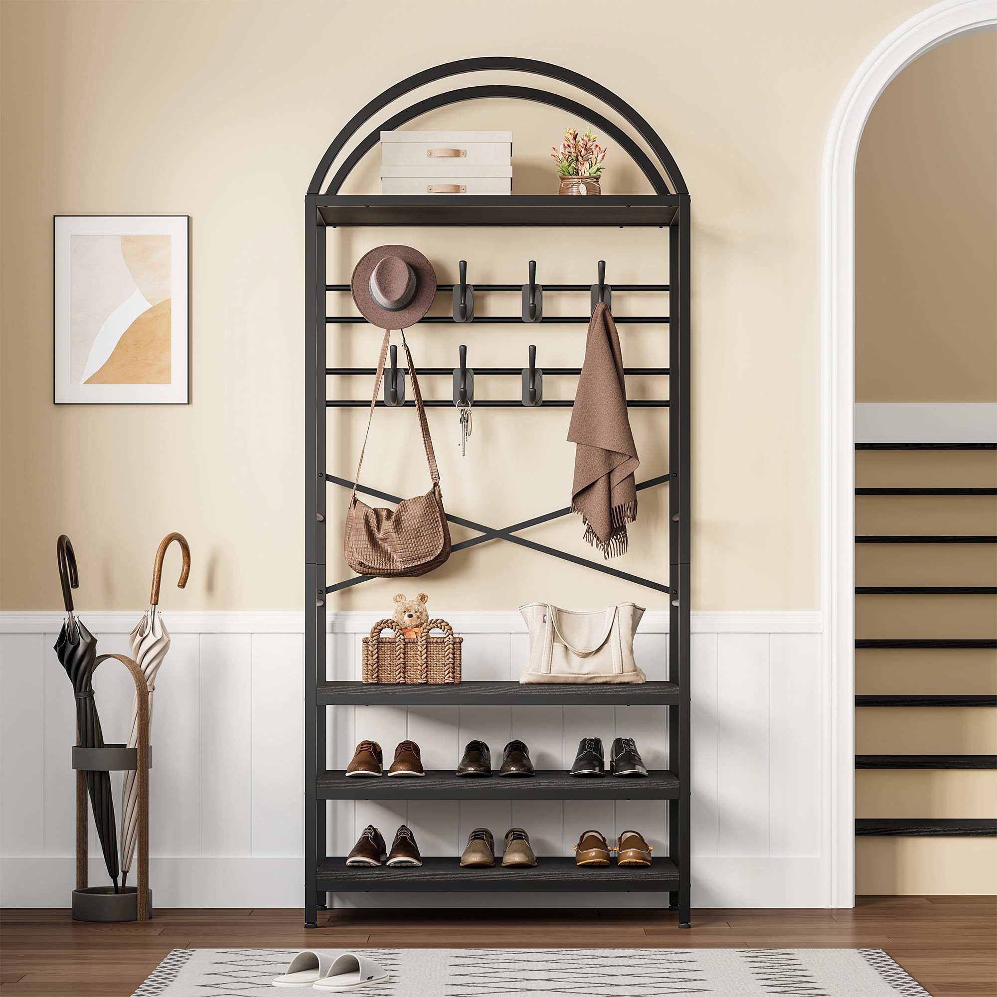 GarveeMore Kleiderständer Gewölbter Garderobenständer Standregal Mehrzweckregal Stauraumregal, (1 St., Kleiderständer), 100cm Breite Regal, Küchenregal, Schuhregal, Mit 8 Haken und 3 Ablagen