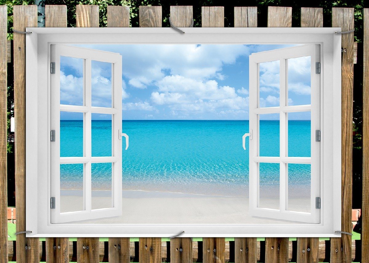 Thumbnail - Wallario Sichtschutzzaunmatten Sandstrand und blaues Meer, mit Fenster-Illusion