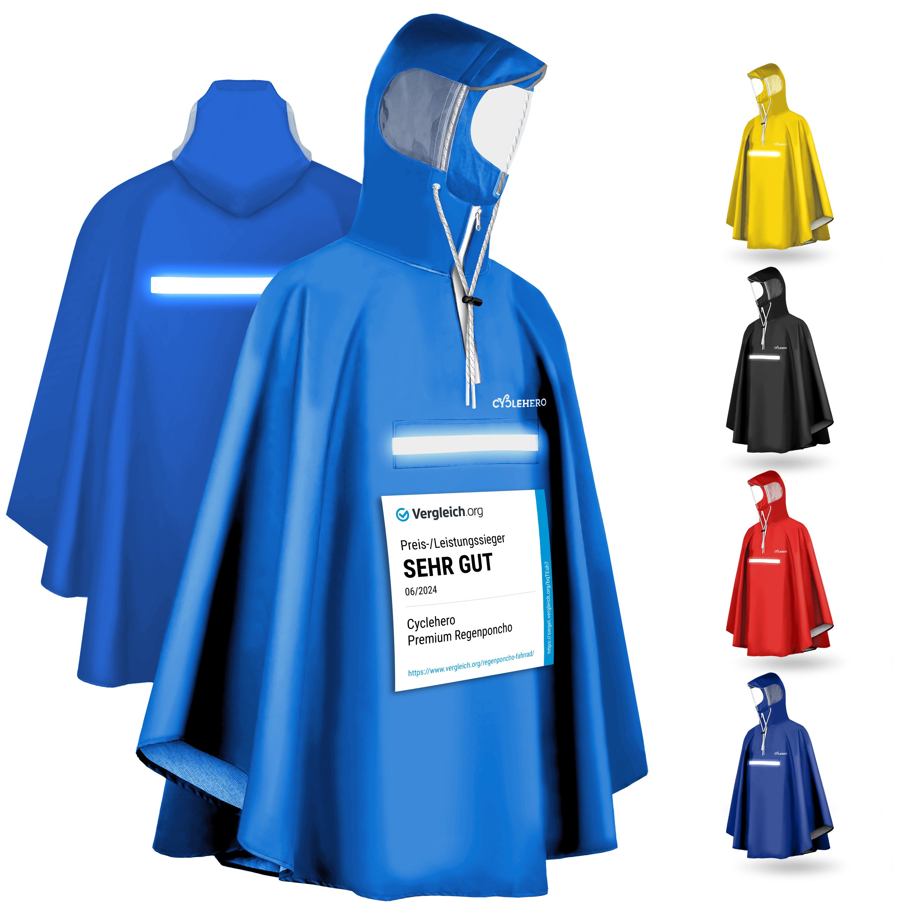 CYCLEHERO Regenponcho Fahrrad mit Reflektoren, wasserdicht, Blau, M, Unisex (Einzelartikel, 1-St., M)