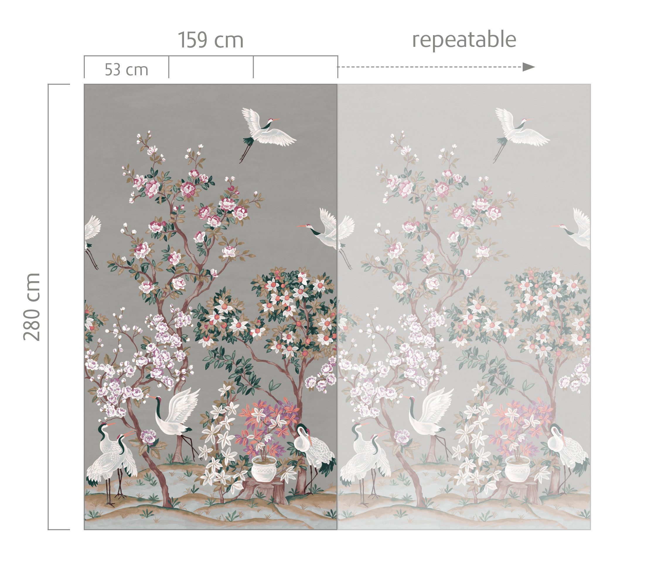 Rasch Fototapete mit Kranichen und Blumen in Grau - 2,80m x 1,59m - Noble Zen, strukturiert, asiatisch, botanisch, (1 St), Kirschblüten