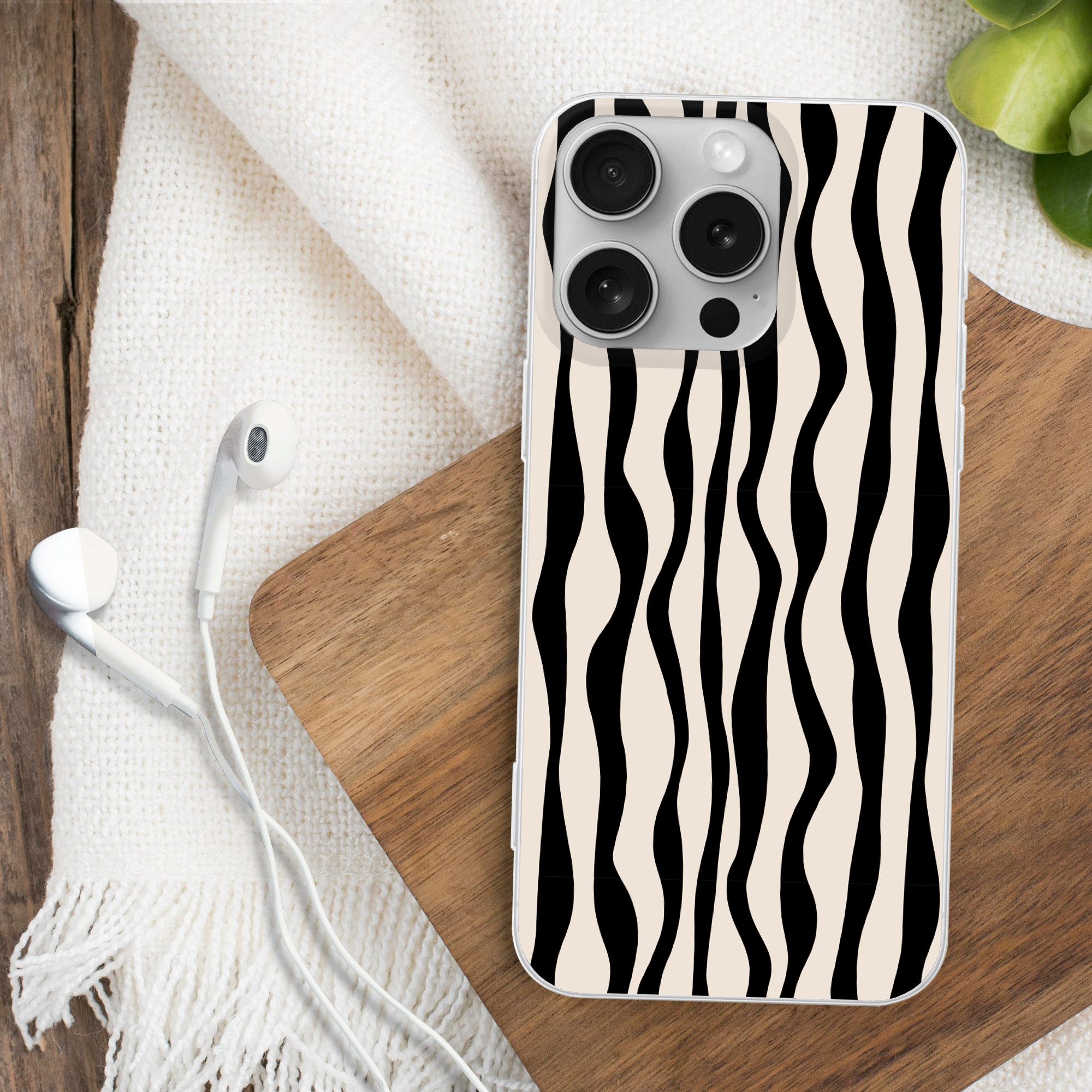 MuchoWow Handyhülle für Apple iPhone 16 Pro Wellenlinien - Beige - Schwarz - Abstrakt, Smartphone-Bumper, Print, Handy Schutzhülle Dünn