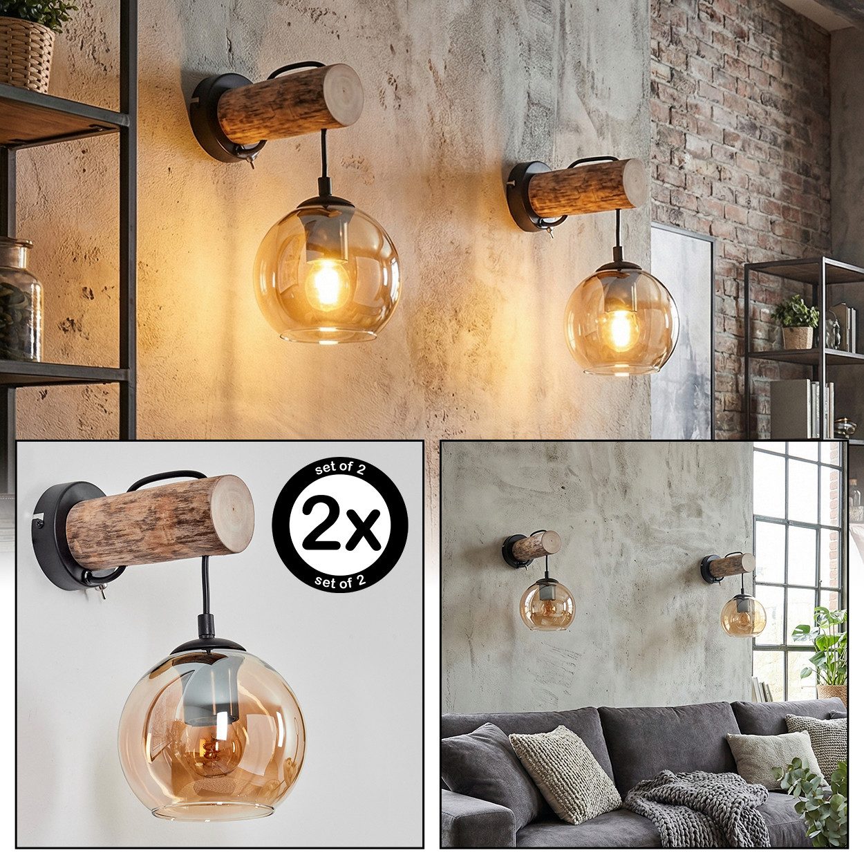 hofstein Wandleuchte 2-er Set Wandlampe aus Metall/Holz/Glas in Schwarz/Natur/Bernstein, moderne Wandleuchte im Retro-Design (15cm), Schalter am Gehäuse, E27
