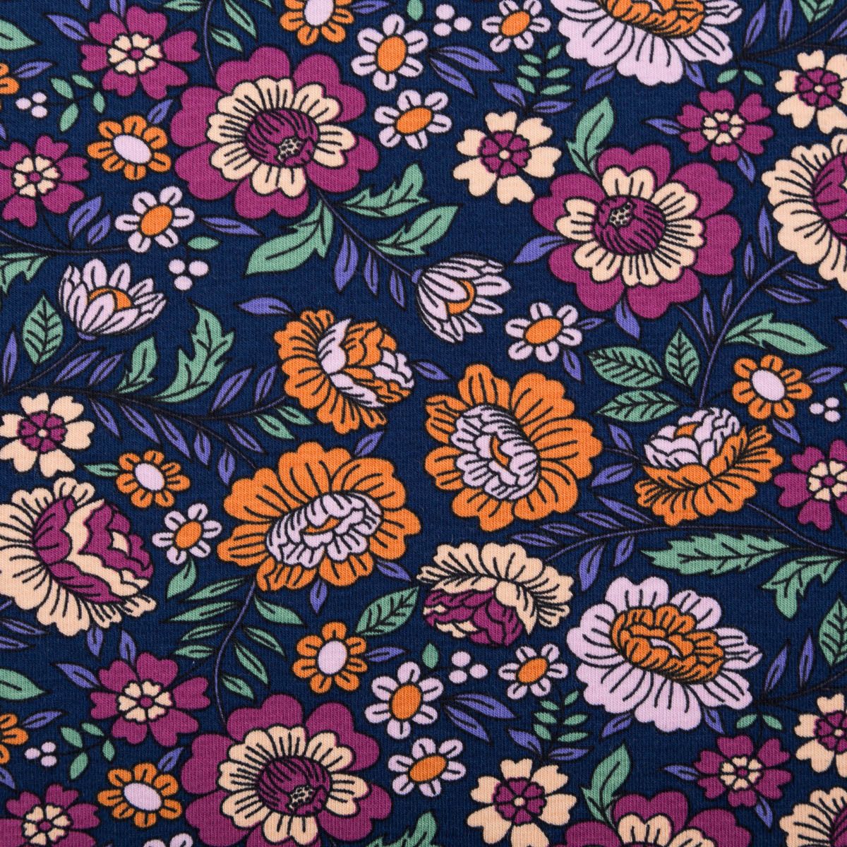 SCHÖNER LEBEN. Stoff Jerseystoff Meterware FLOWERS Blumen Blätter dunkelblau bunt 1,5m, allergikergeeignet