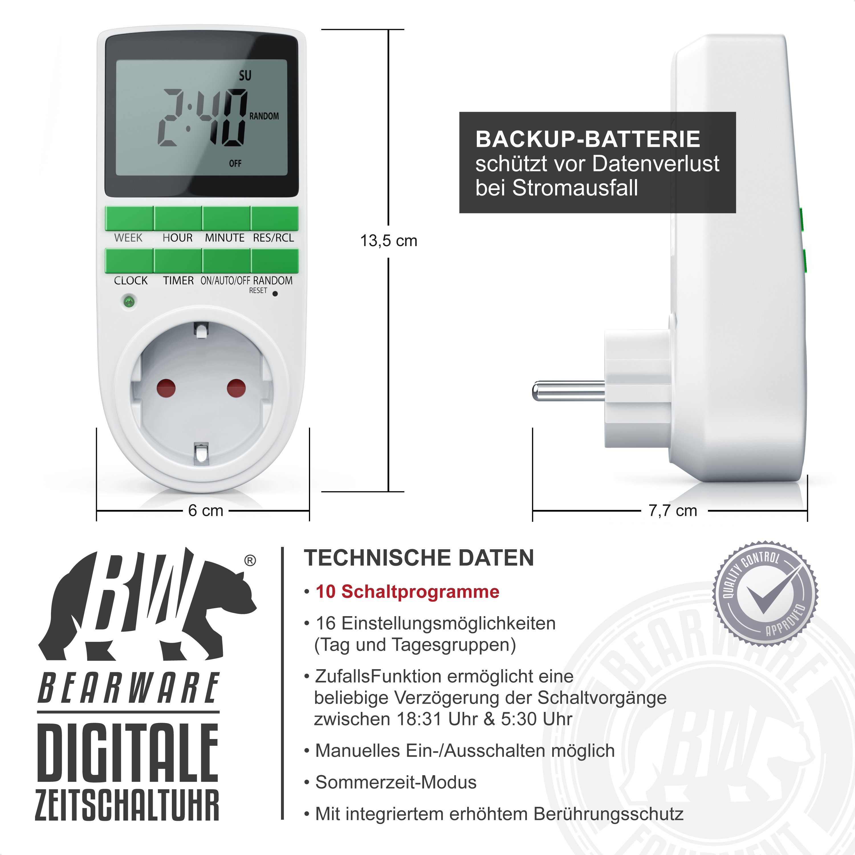 BEARWARE Zeitschaltuhr programmierbar, LCD Display, Steckdosen Timer, max. 3680W, digital, 2-St., 10 Programme, Back-Up Batterie, Zufallsschaltung, Berührungsschutz
