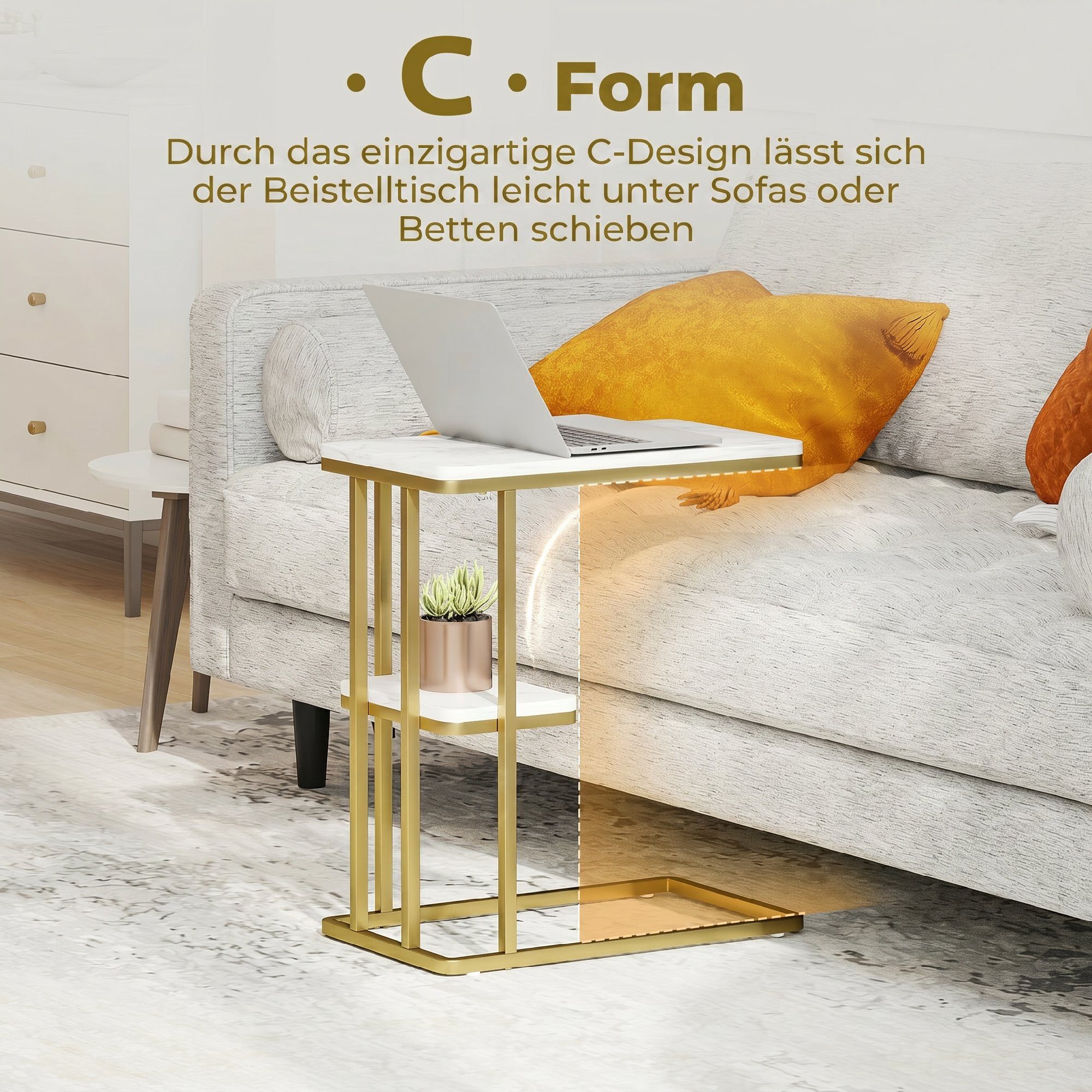 HOMCOM Beistelltisch schmaler Couchtisch mit Stauraum (Set, 1-St., 1 Tisch), C-Form, 2 Ebenen, Marmoroptik – Bild 4 von 5
