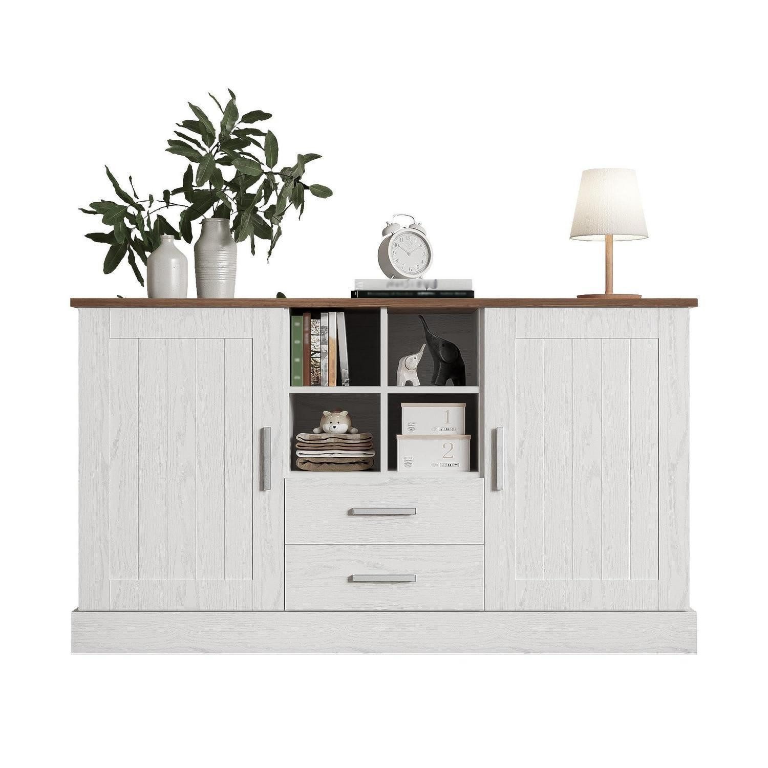 LuxusKollektion Sideboard Kommode Sideboard 4 Regale 2 Schubladen Holzplatte style-B Weiß