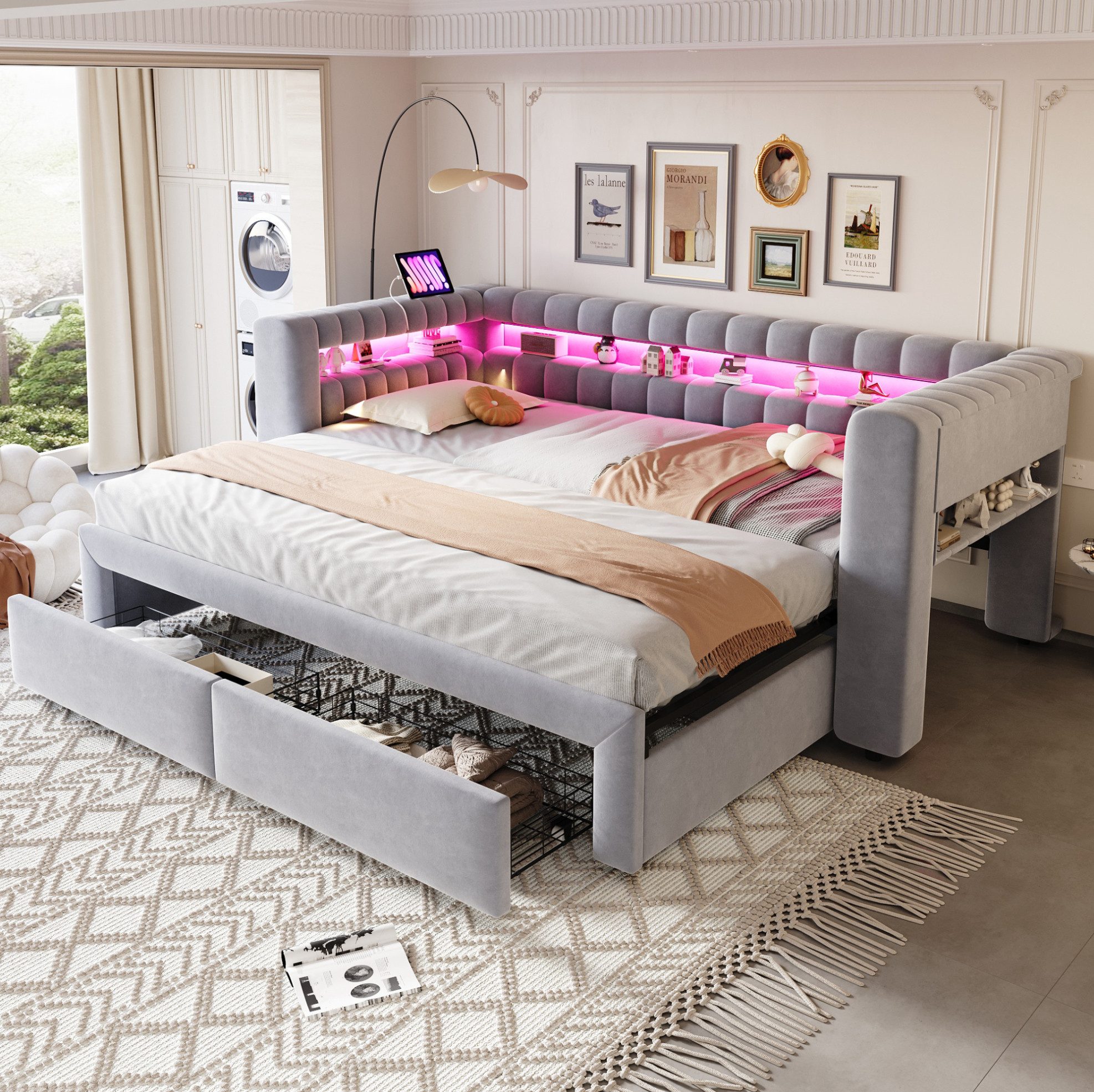 OKWISH Polsterbett Schlafsofa Stauraumbett (mit LED-Beleuchtung, USB- und Typ-C-Anschluss,90/180 × 190 cm, ausziehbarem Bettbereich und Schubladen, Gästebett Funktionsbett mit integriertem Stauraum), ohne Matratze