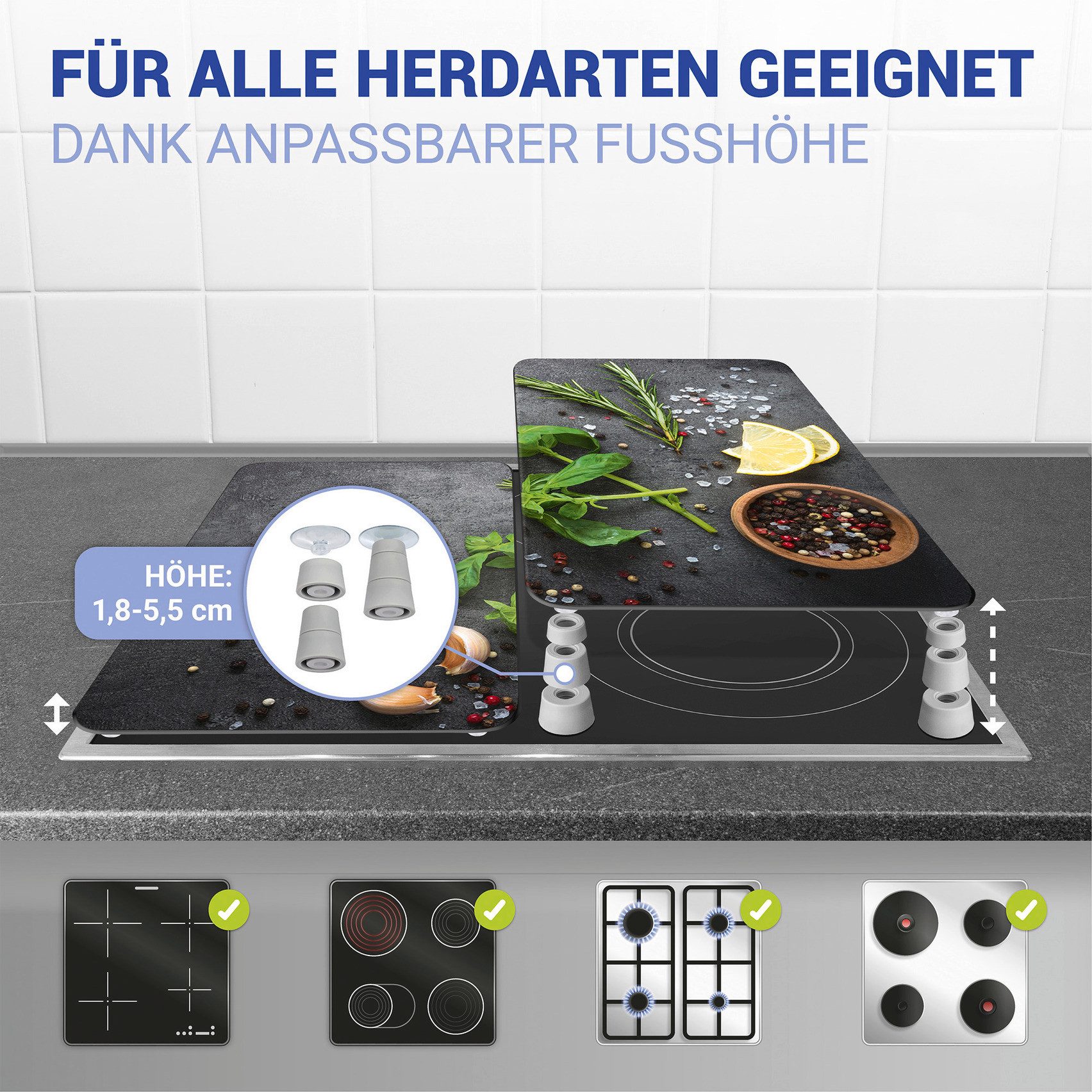 WENKO Herd-Abdeckplatte Universal Modell Kräuter, Glas, (Set, 2 tlg), Herdabdeckung für alle Herdarten, kratzfest, mit rutschfesten Füßen