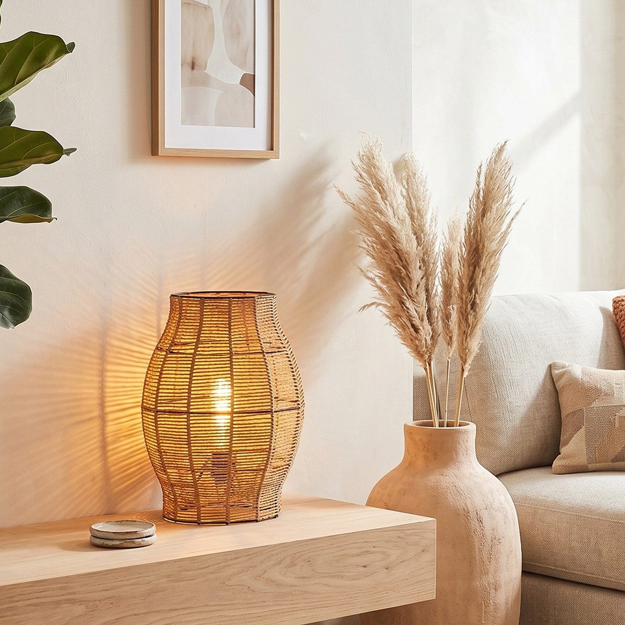 hofstein Tischleuchte Tischlampe aus Metall/Bast in Schwarz/Naturfarben, ohne Leuchtmittel, Tischleuchte im Boho-Design, Lichteffekt, Schalter am Kabel, 30cm, E27