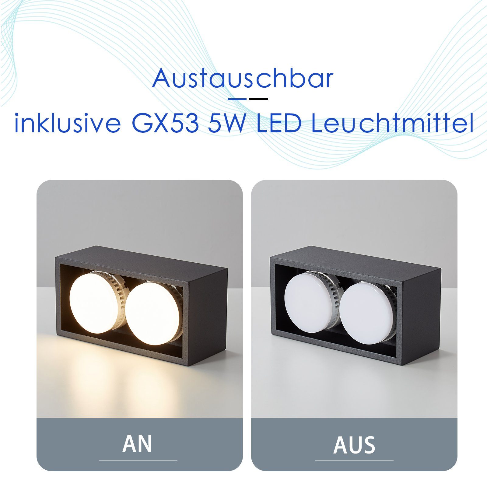 Wohnzimmer, LED Aufputz Schwarz LED 3000k, Küche integriert, Weiß - Deckenspots für GX53, Aufbauleuchte Warmweiß LED fest 2 Deckenstrahler Flammig mit Aufbaustrahler ZMH