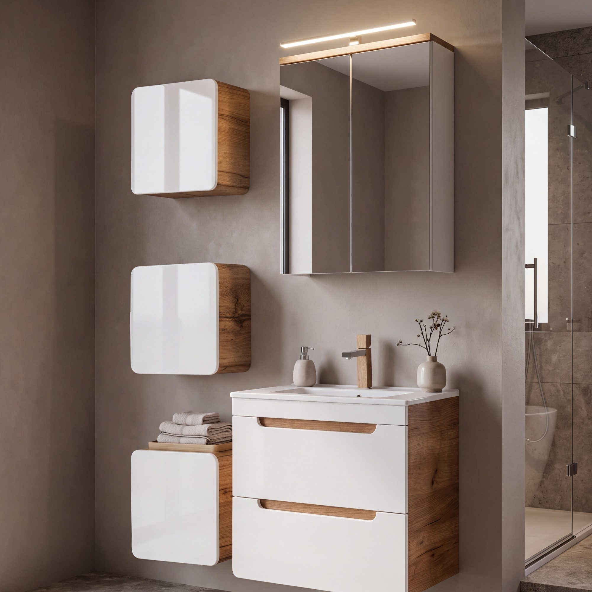 Lomadox Badmöbel-Set LUTON-56, (Spar-Set, 5-St), Eiche 60 cm Waschtisch und Spiegelschrank 110/200/46 cm