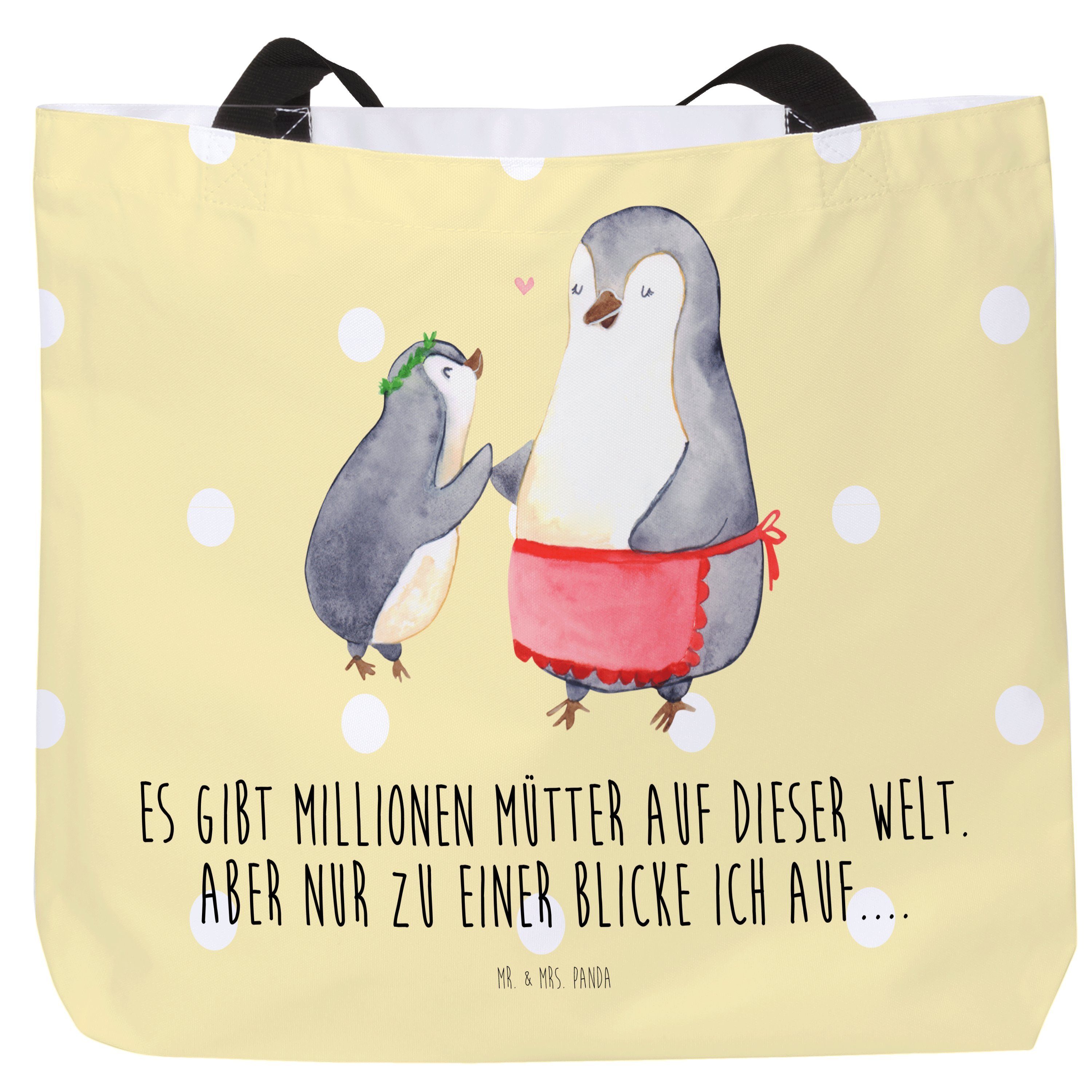 Mr. & Mrs. Panda Shopper Pinguin mit Kind - Gelb Pastell - Geschenk, Schulbeutel, Oma, Familie (1-tlg)