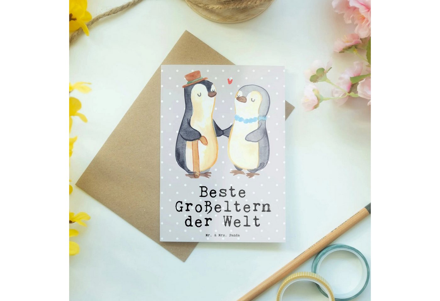 Thumbnail - Mr. & Mrs. Panda Grußkarte Pinguin Beste Großeltern der Welt - Grau Pastell - Geschenk, Geburtst, Einzigartiges Design