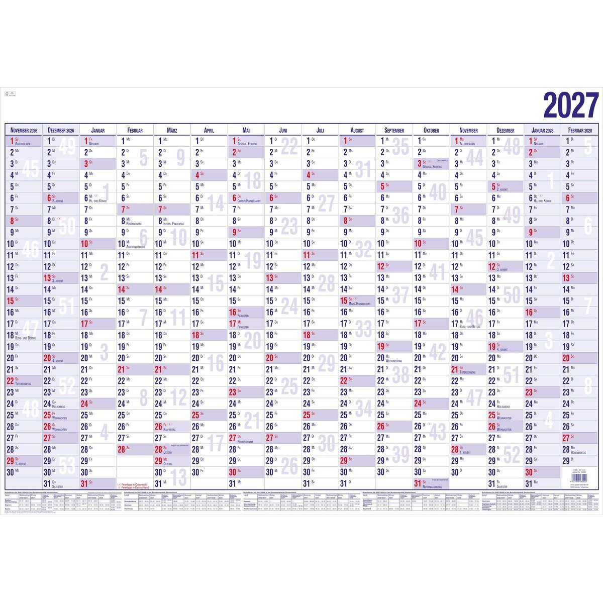 GÜSS Kalender Plakatkalender Wandplaner 16 Monaten A2 60x40cm Nov. 2026-Febr. 2028