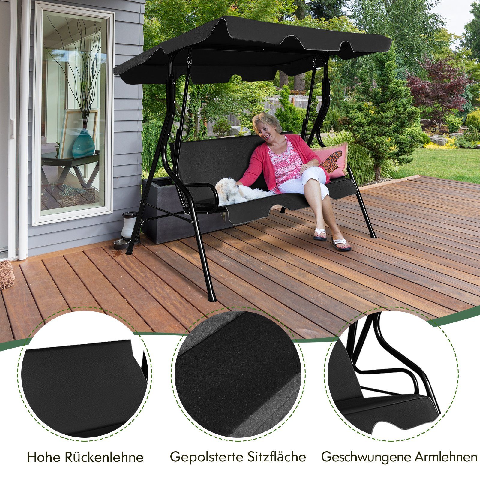 Schwarz COSTWAY bis Gartenbank, Hollywoodschaukel 210 3-Sitzer, Sonnendach, mit kg