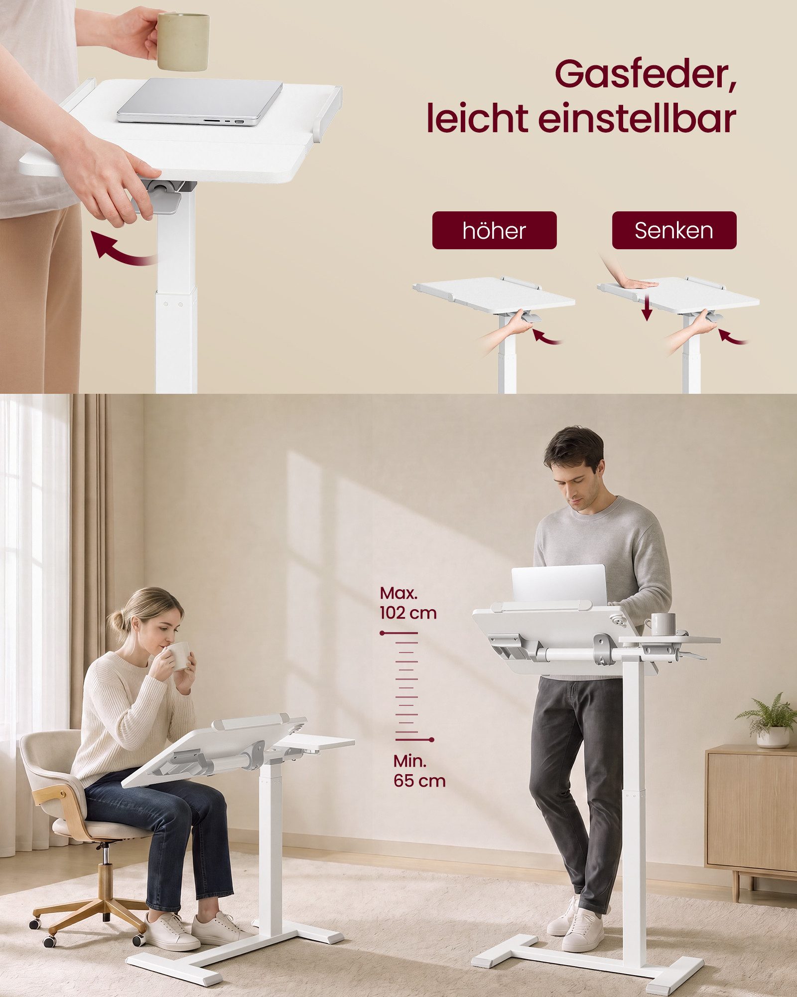 VASAGLE Schreibtisch Höhenverstellbarer Laptoptisch mit Rollen und Neigbarer Tischplatte, 70 x 40 x 68-102,5 cm Weiß – Bild 2 von 5