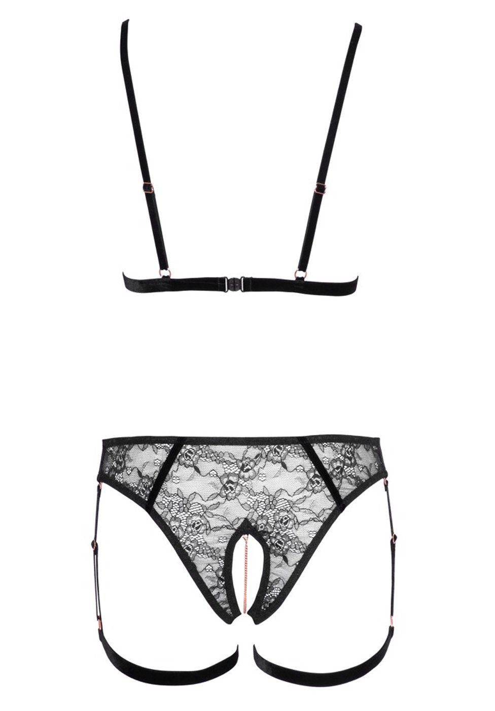 Cottelli Collection Set: Bügelloser BH Dessous-Set mit Ketten: BH und Slip - schwarz, roségold (2-tlg) mit offenem Schritt und Cups