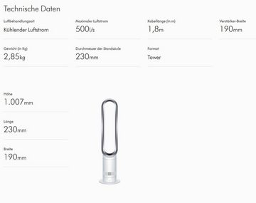 DYSON Turmventilator Cool AM7 Ventilator mit Fernbedienung 100cm, 9h Timer, Turmventilator, leise weiß/silber ENERGIESPAREND Lüfter Standventilator Schlafzimmer