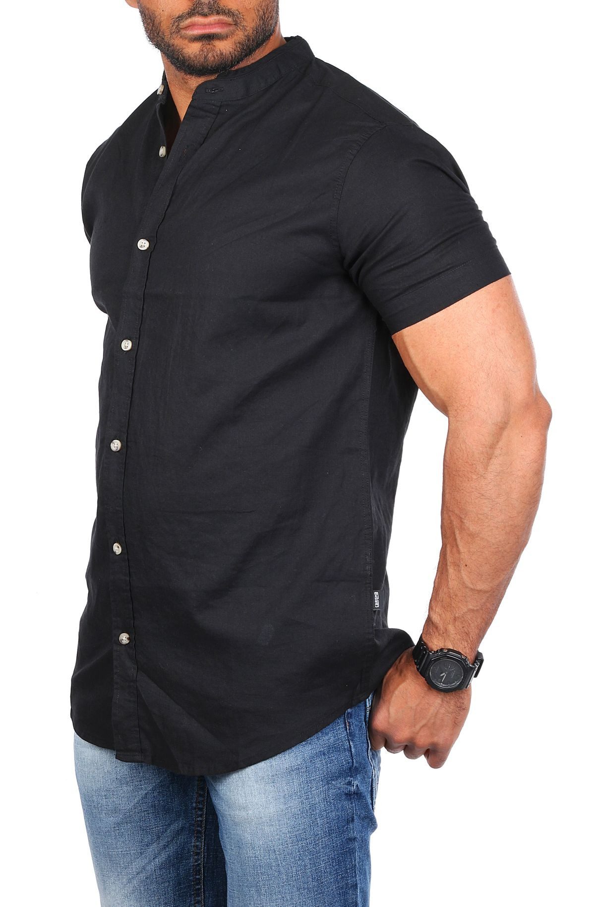 CARISMA Kurzarmhemd Herren Leinen Baumwoll Mix Casual Hemd 9337 Regular Kurzarm Stehkragenkragen Uni