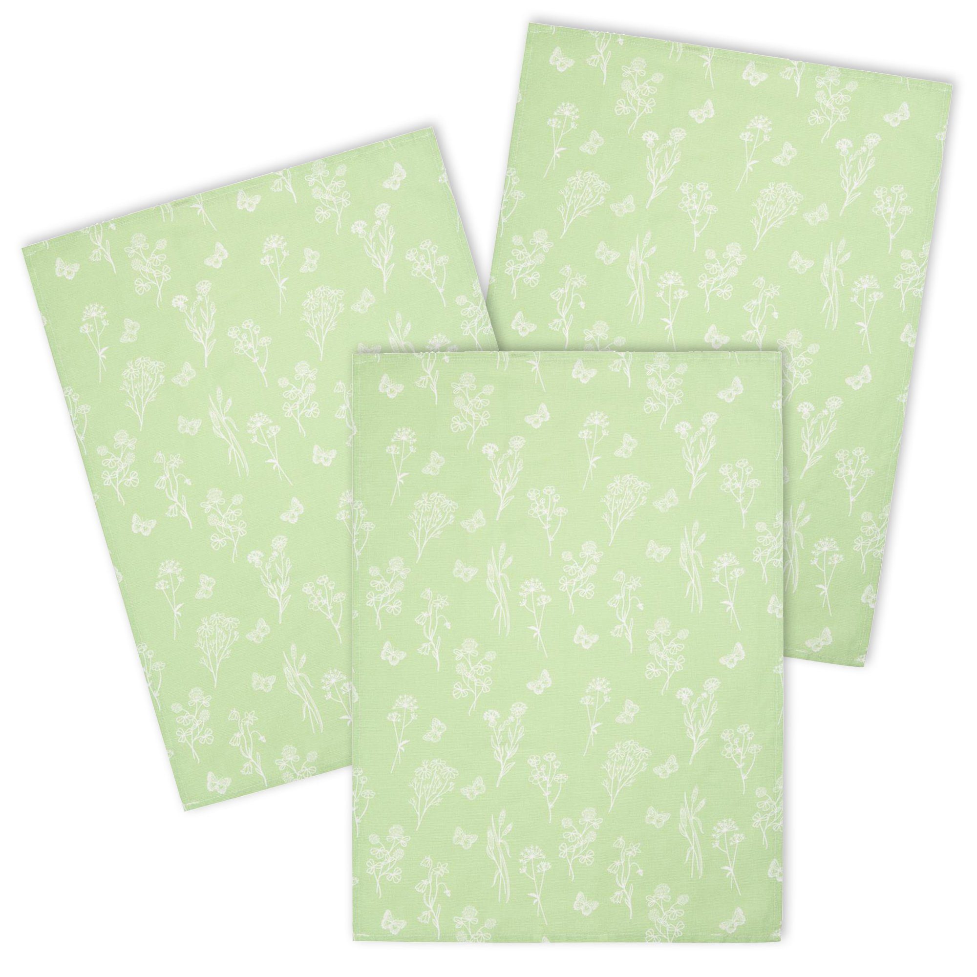 Kracht Geschirrtuch Wildblumen, (Set, 3-tlg., 3-teilig), 3er Pack Geschirrtücher (3 Stück), ca. 50 x 70 cm, Halbleinen bedruckt Grün