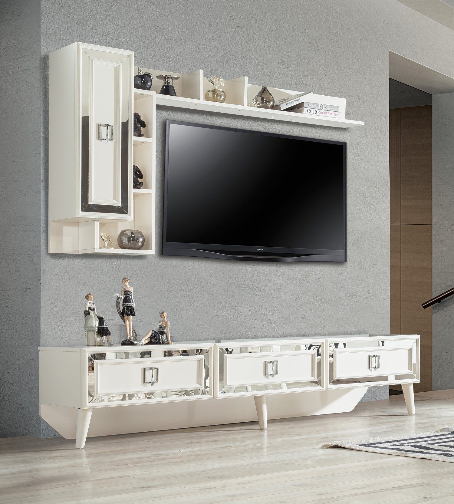 Möbel TV-Wand Gloria, Hängeelementen, mit verarbeitet) Hochwertig (Lowboard Villa