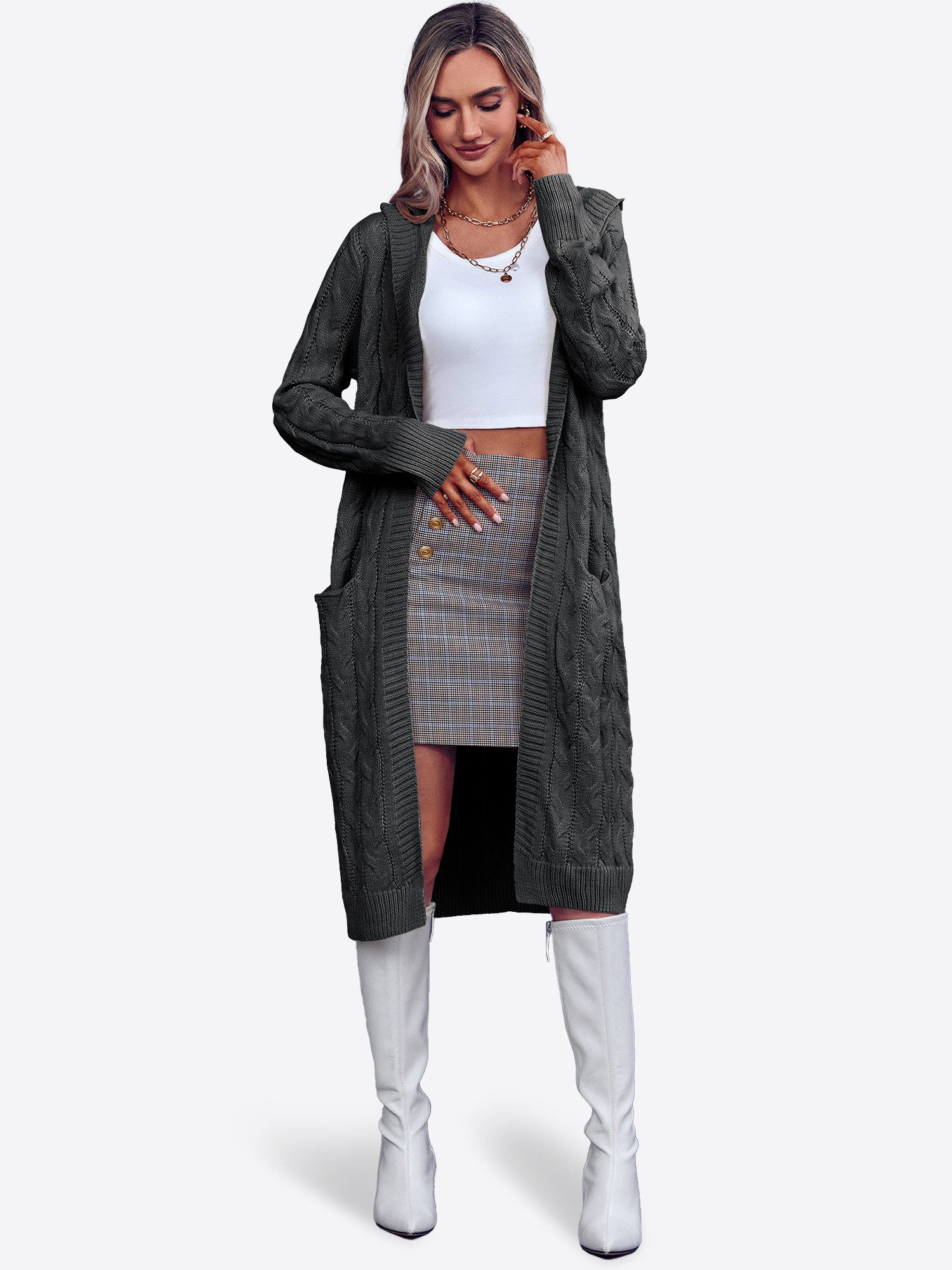 Imily Bela Cardigan Damen Langarm Strickjacke mit Kapuze (Packung, 1-tlg., 1per-Pack) Zopfmuster