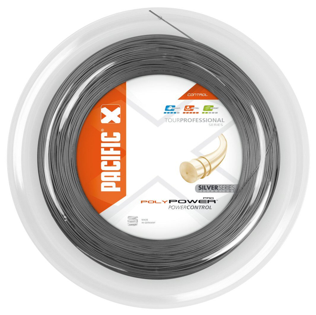Pacific Tennissaite Poly Power Pro (Haltbarkeit+Power) silber 200m Rolle, Saitendicke: 1.25