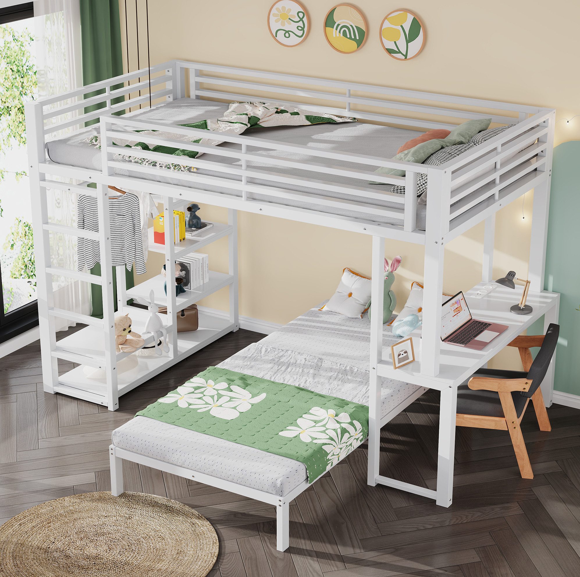 MODFU Hochbett Metall Hochbett Weiß 90x200 cm – Etagenbett mit 2 Liegeflächen (ohne Matratze, 1-St., Eisenrahmen, Arbeitsplatz mit Schreibtisch, Doppelsteckdose USB/Type-C) Ablageflächen, Regalsystem, Kleideraufbewahrung, ohne Matratze