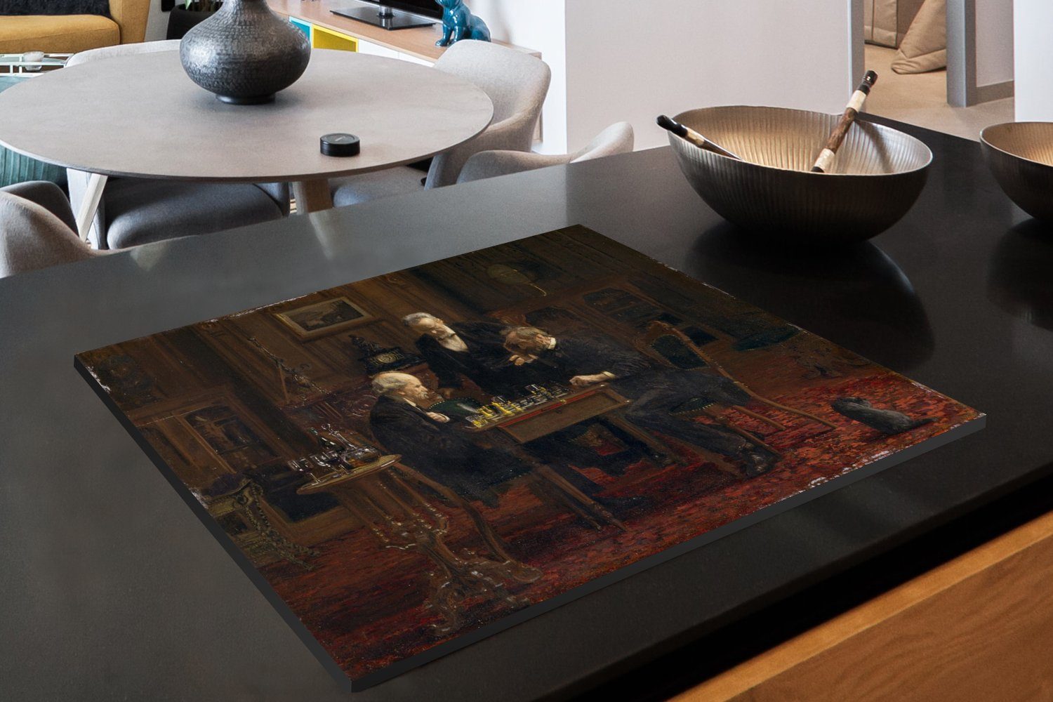 Vinyl, von Gemälde Herdblende-/Abdeckplatte Arbeitsfläche cm, Eakins, nutzbar, Die tlg), Ceranfeldabdeckung (1 Mobile MuchoWow Thomas Schachspieler - 70x52