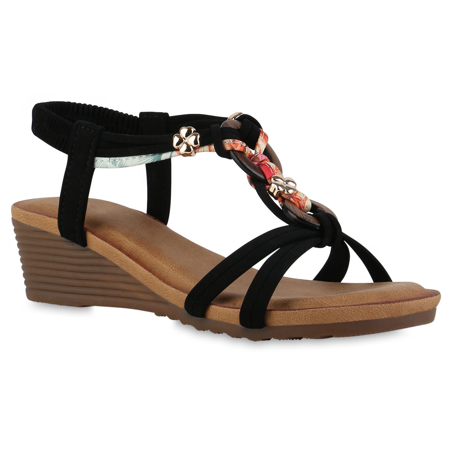 VAN HILL 841739 Keilsandalette Damen Keilsandaletten Sandaletten Prints Zierperlen Sommer