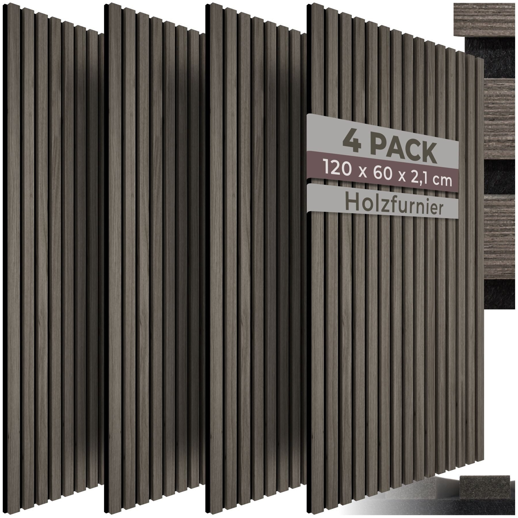 tectake Wandpaneel Akustikpaneele aus MDF und Echtholzfurnier - Eiche grau, BxL: 60x120 cm, 0.72 qm, (Holzpaneele Sonic Wall, 4-tlg., Größe flexibel anpassbar) schallabsorbierender Filz, einfache Montage mit Kleber oder Schrauben