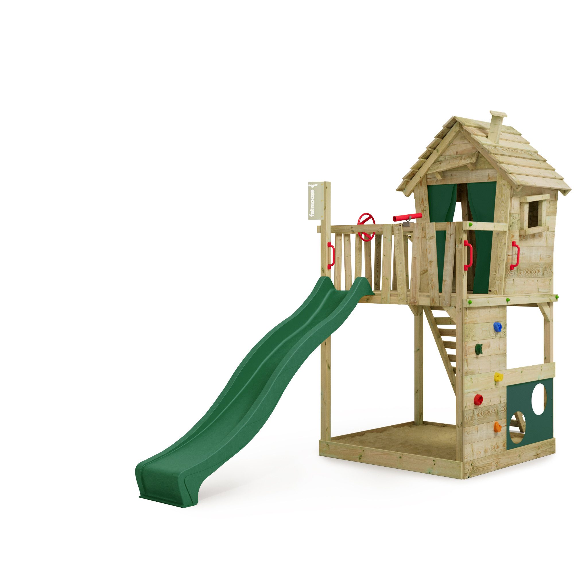 FATMOOSE Klettergerüst HappyHome Hot XXL Holzspielturm mit Spielhaus, Ladentheke und Teleskop, (Spielhaus mit Sport-Arena, Gartenspielgerät mit Kletterwand und Sandkasten), extrem witterungsbeständig mit 10 Jahren Garantie*