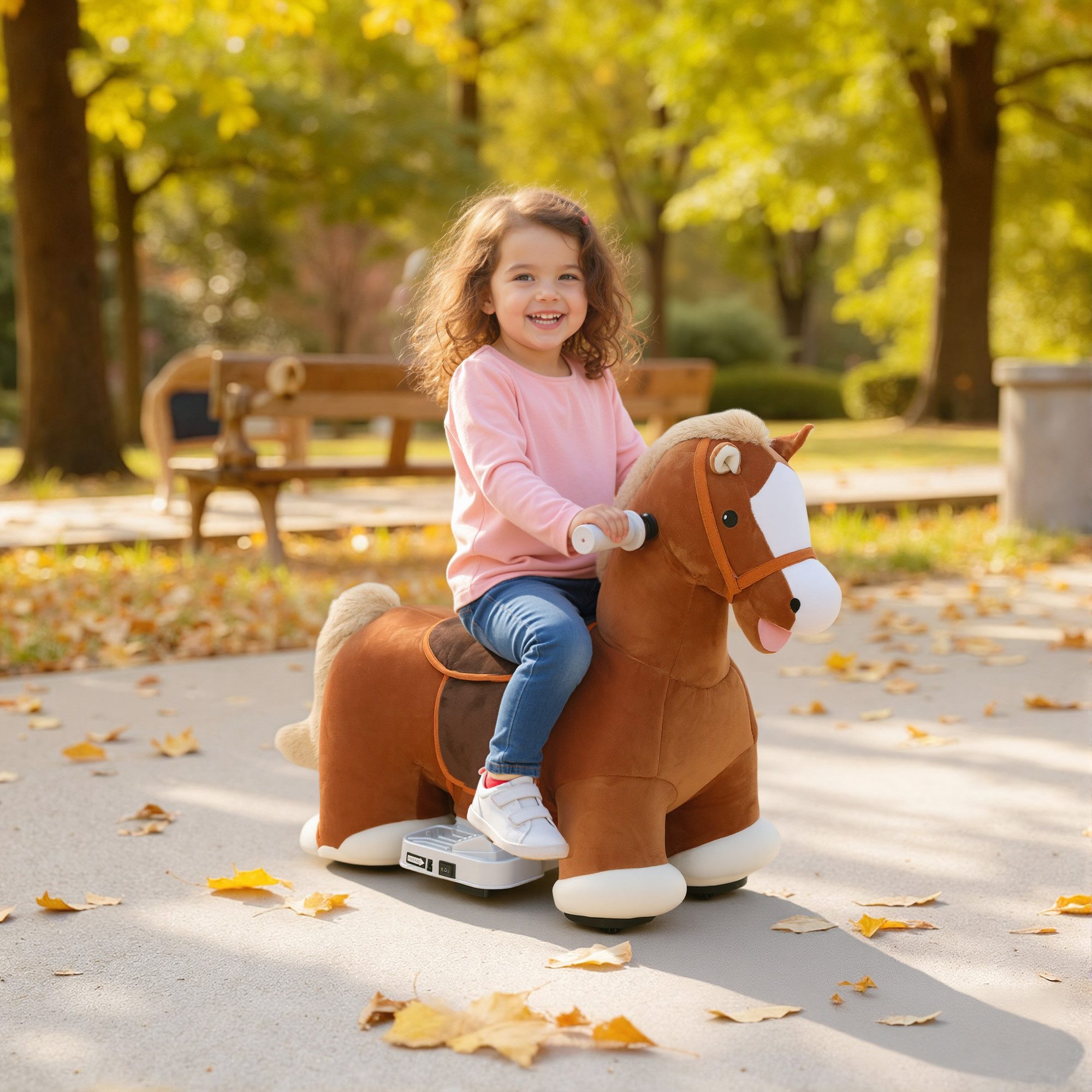 AIYAPLAY Reittier Kinder Elektroauto, 6V Kinderfahrzeug mit Musik, Fußpedal, Elektrisches Pferd für 1,5-5 Jahre Kinder, Braun