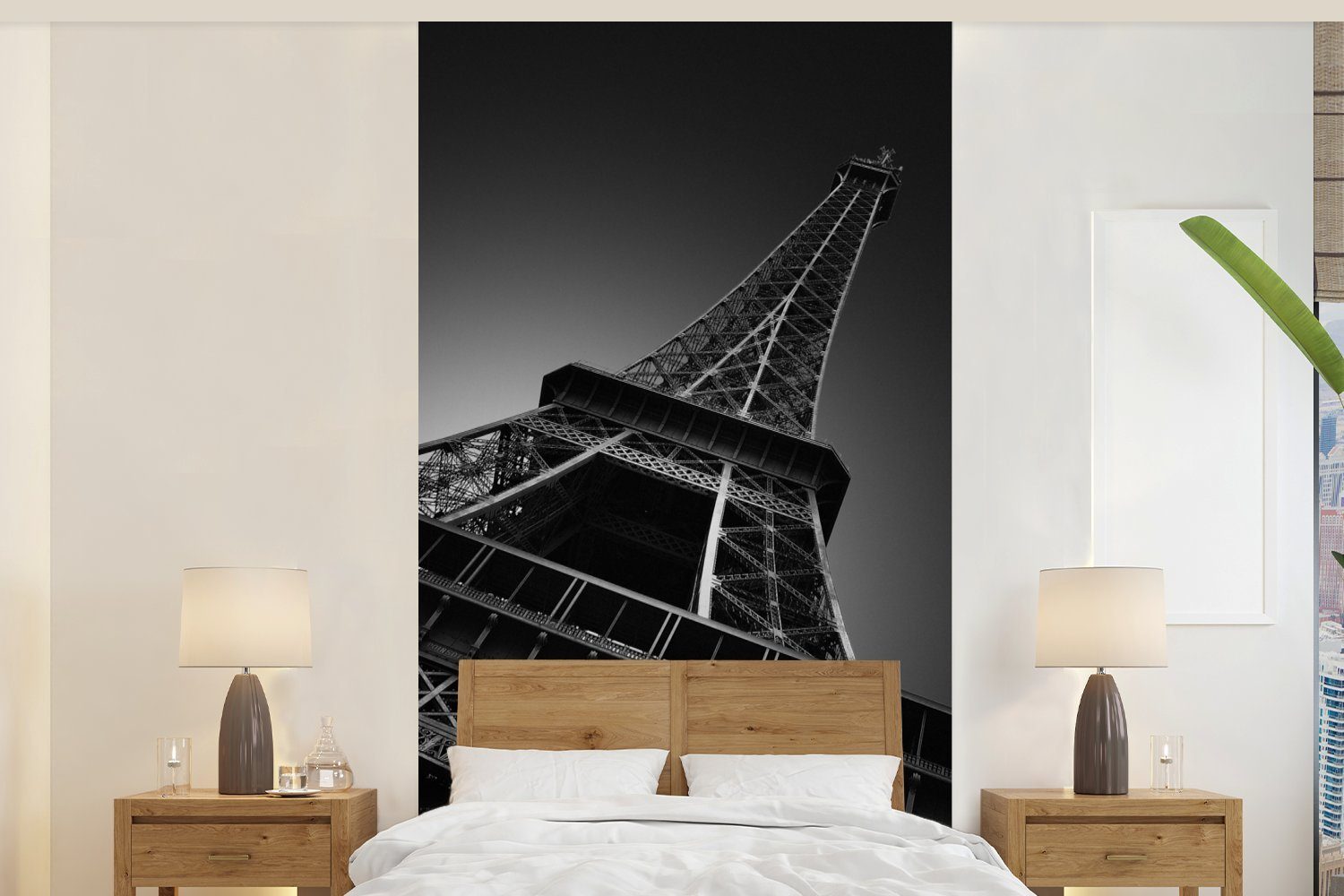 MuchoWow Fototapete Der Eiffelturm in Schwarz und Weiß, Matt, bedruckt, (2 St), Vliestapete für Wohnzimmer Schlafzimmer Küche, Fototapete