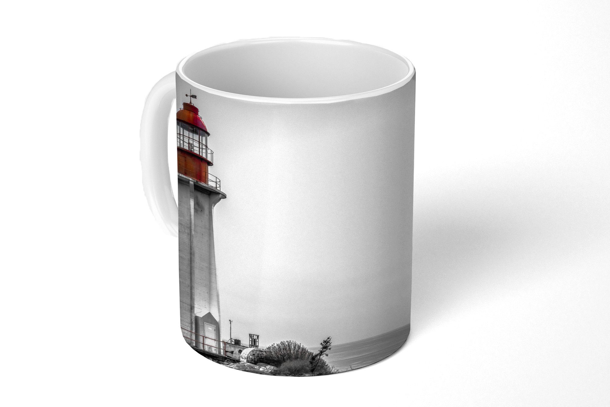 MuchoWow Tasse Schwarz-Weiß-Foto eines Leuchtturms im Westen von Vancouver, Keramik, Kaffeetassen, Teetasse, Becher, Teetasse, Geschenk