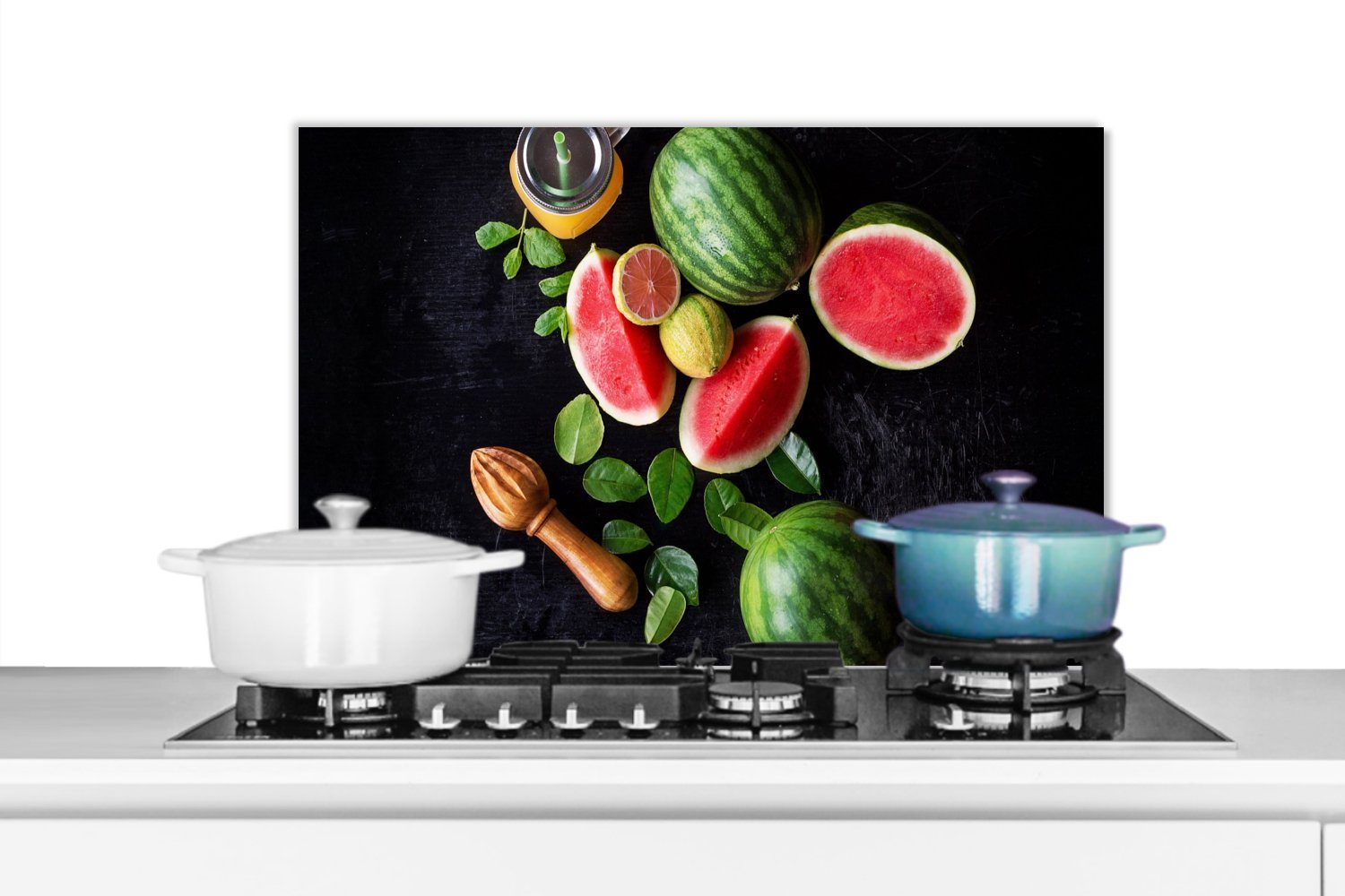 MuchoWow Küchenrückwand Wassermelone - Smoothie - Obst - Zitronenpresse, (1-tlg), 60x40 cm, Herdblende aus Wandschutz, Temperaturbeständig küchen