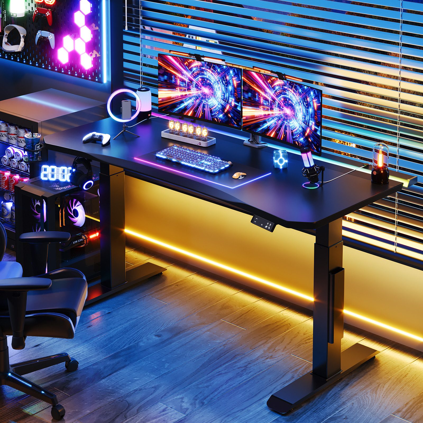 HOMALL Gamingtisch Höhenverstellbarer Schreibtisch, Gaming-Tisch mit RGB-LED-Beleuchtung (Maße: 160 × 70 cm, höhenverstellbarer Schreibtisch mit zwei Motoren, 4 voreingestellte Höhenstufen, 20 mm dicke Tischplatte in Kunstlederoptik, ausgestattet mit Kabelführung, Kopfhörerhalter und Getränkehalter, maximale Belastbarkeit 120 kg)