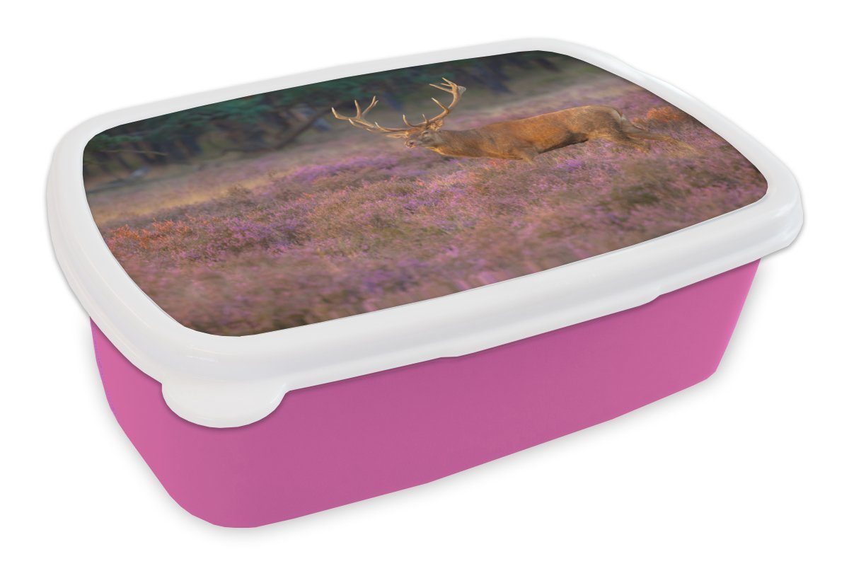 MuchoWow Lunchbox Hirsche - Niederlande - Blumen - Veluwe, Kunststoff, (2-tlg), Brotbox für Erwachsene, Brotdose Kinder, Snackbox, Mädchen, Kunststoff rosa