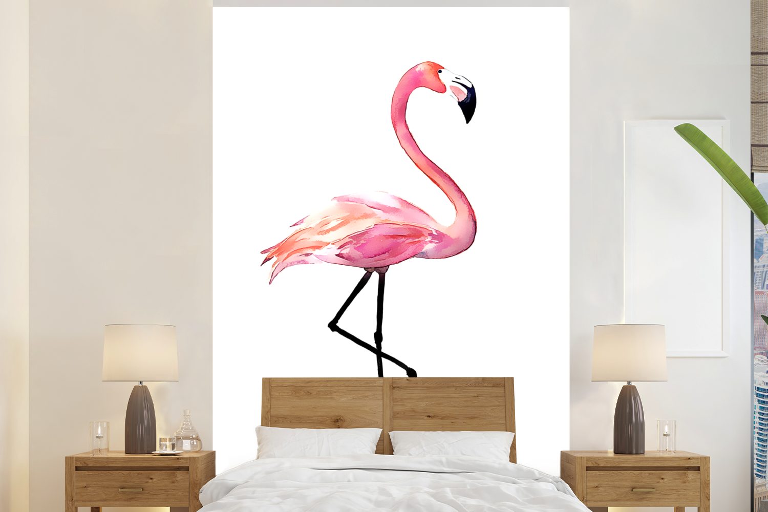 MuchoWow Fototapete Zeichnung - - Matt, für Montagefertig Rosa, (3 Wandtapete bedruckt, Vinyl Tapete Flamingo St), Wohnzimmer