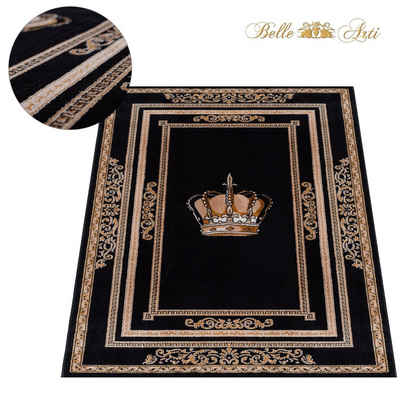 Designteppich Teppich Wohnzimmer Wohnzimmerteppich schwarz gold Motiv Royal Krone, Belle Arti, 100% Polyester Designerteppich Crown Schlafzimmer Esszimmer Diele