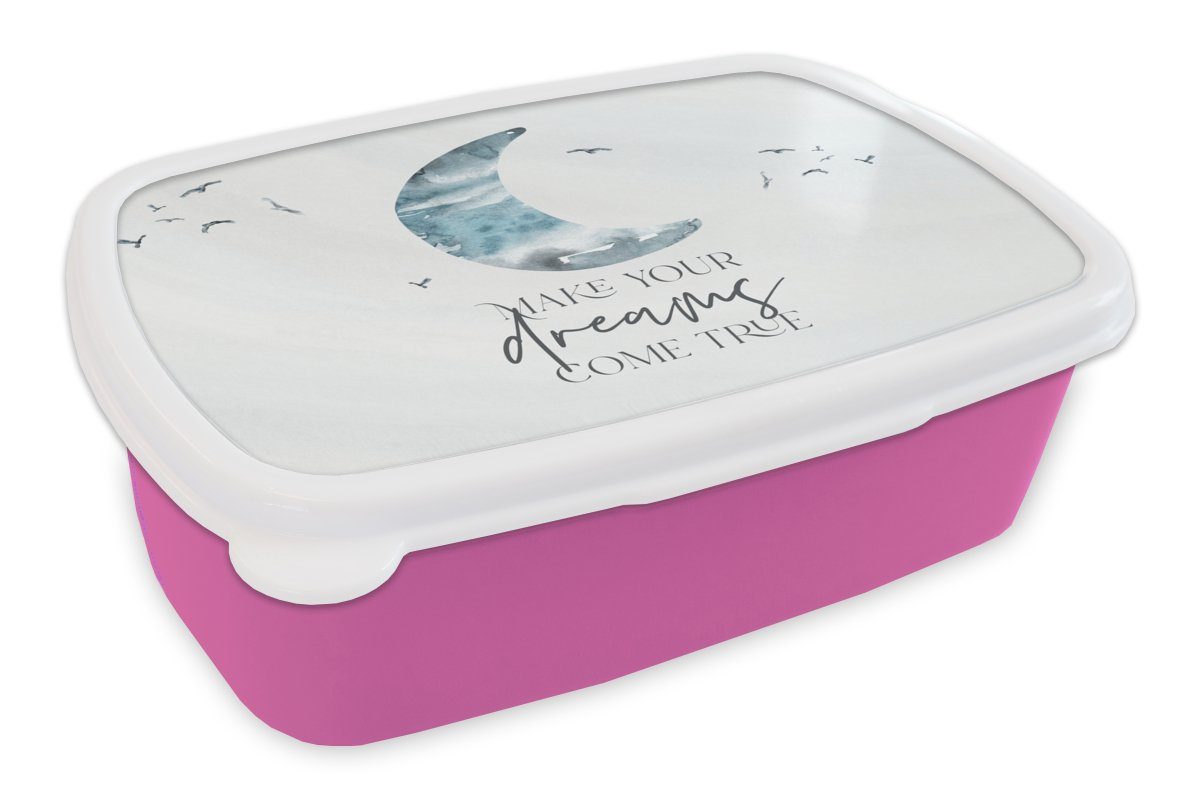 MuchoWow Lunchbox Kinder - Mach deine Träume wahr - Sprichwörter - Jungen - Blau -, Kunststoff, (2-tlg), Brotbox für Erwachsene, Brotdose Kinder, Snackbox, Mädchen, Kunststoff rosa