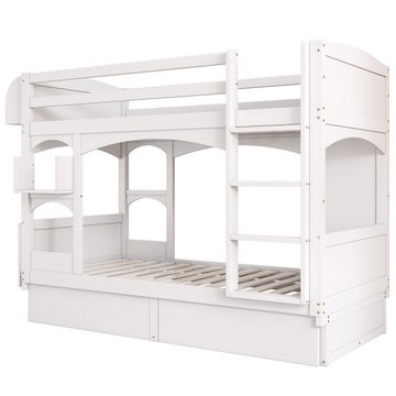 WISHDOR Etagenbett Kinderbett (ohne Matratze, 90*200), mit klappbarem Schreibtisch,Regal,Leiter und 2 Schubladen,Massivholz
