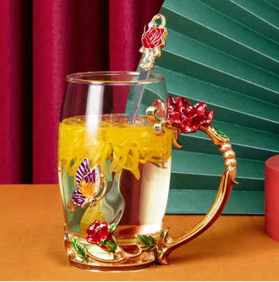 little dove Teeglas »Teetasse aus Glas, Glasklare Neuheit Glas Teetasse Kaffeetassen Reisebecher mit aufwändigem Blumengriff und schönem Löffel«