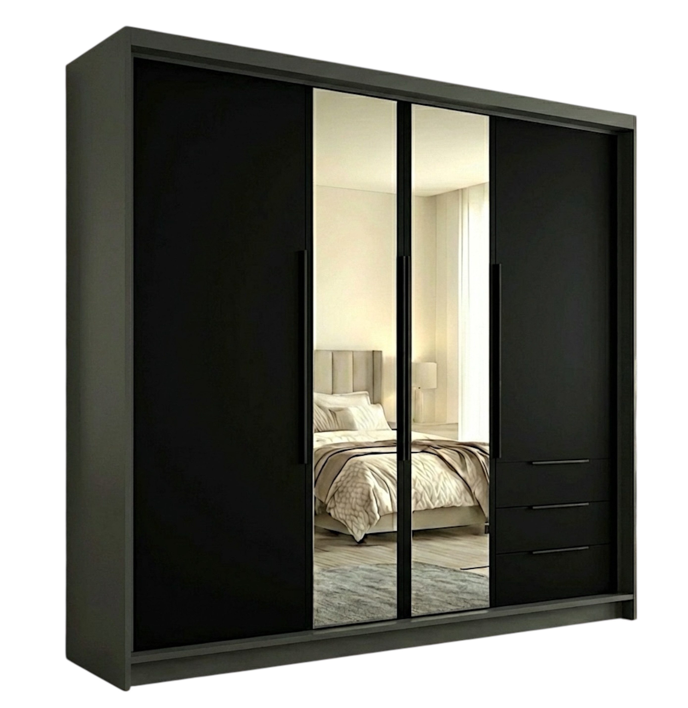A&J MöbelLand GmbH Drehtürenschrank VIVO mit integrierten Schubladen (Geräumiger vier¬türiger Kleiderschrank mit Schubladen und Metallgriffen. Geräumiger Schrank mit einer Breite von 200 cm und Schubladen, ideal zur Aufbewahrung von Kleidung und Accessoir