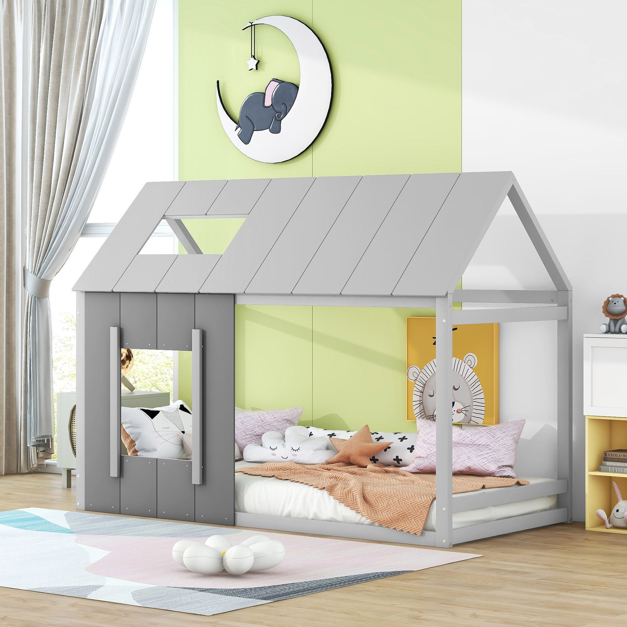 REDOM Kinderbett Hausbett Kinderbett, Einzelhaus-Flachbett mit Dach und Fenster (Hausform, 90x200 cm, Einzelhaus-Flachbett mit Dach und Fenster), ohne Matratze